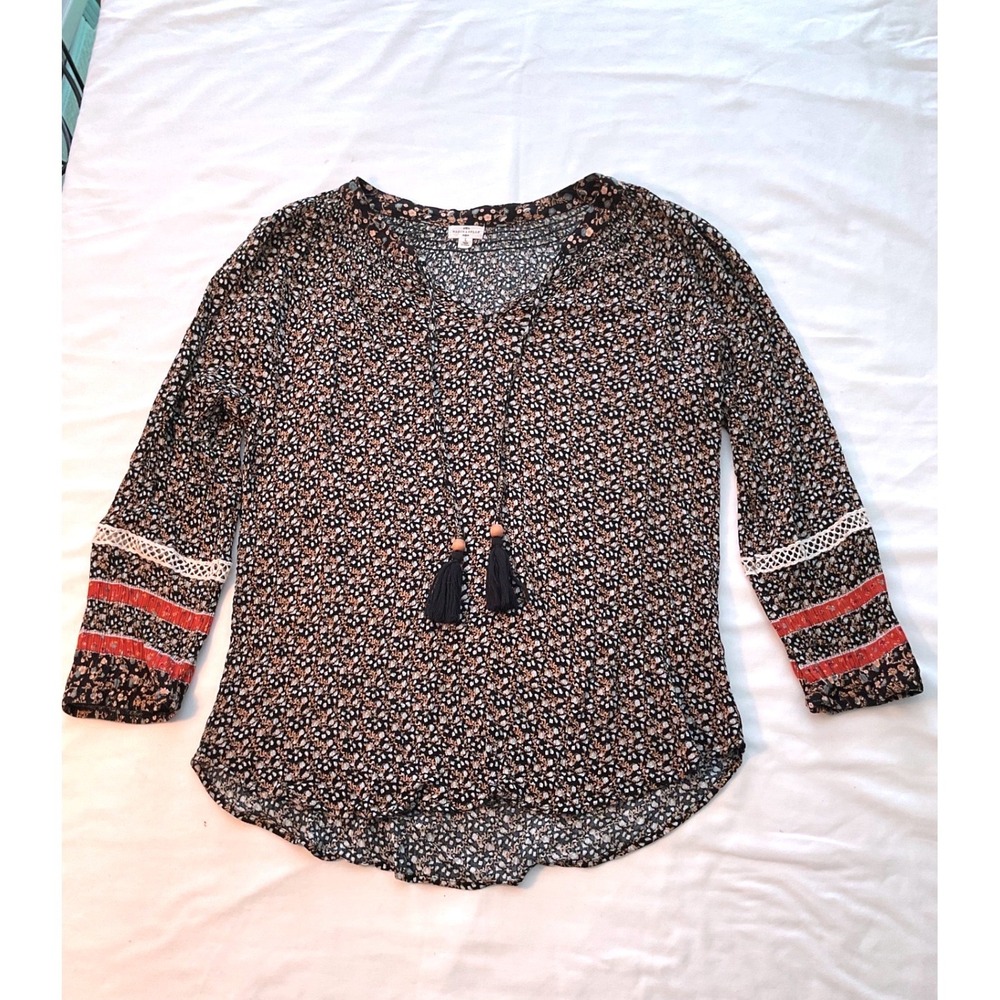 Mason & Belle Floral Tassel Peasant Top Black Red Lace Trim Large JFW59157D4